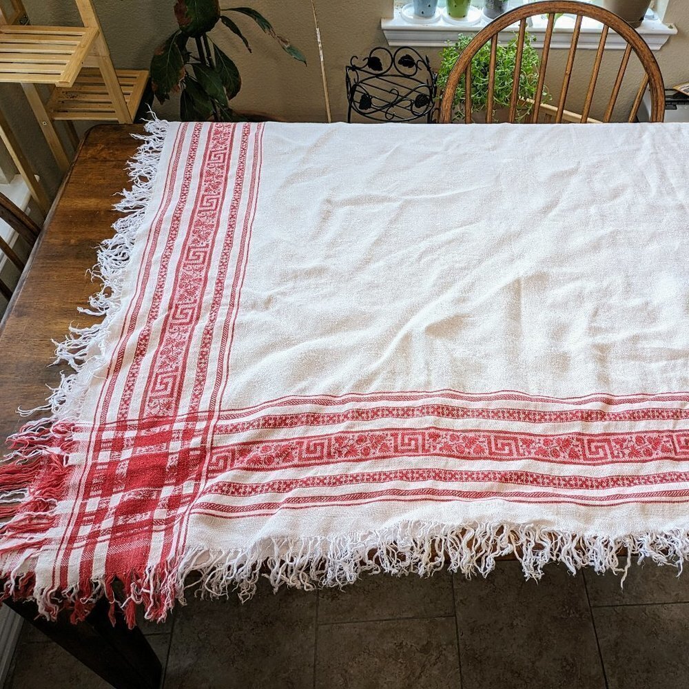 White & Red Linen Fringe Vintage Tablecloth